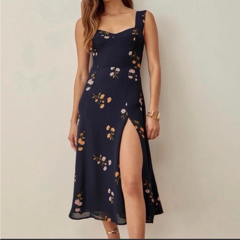 Reformation Navy Floral Midi Dress with Side Slit